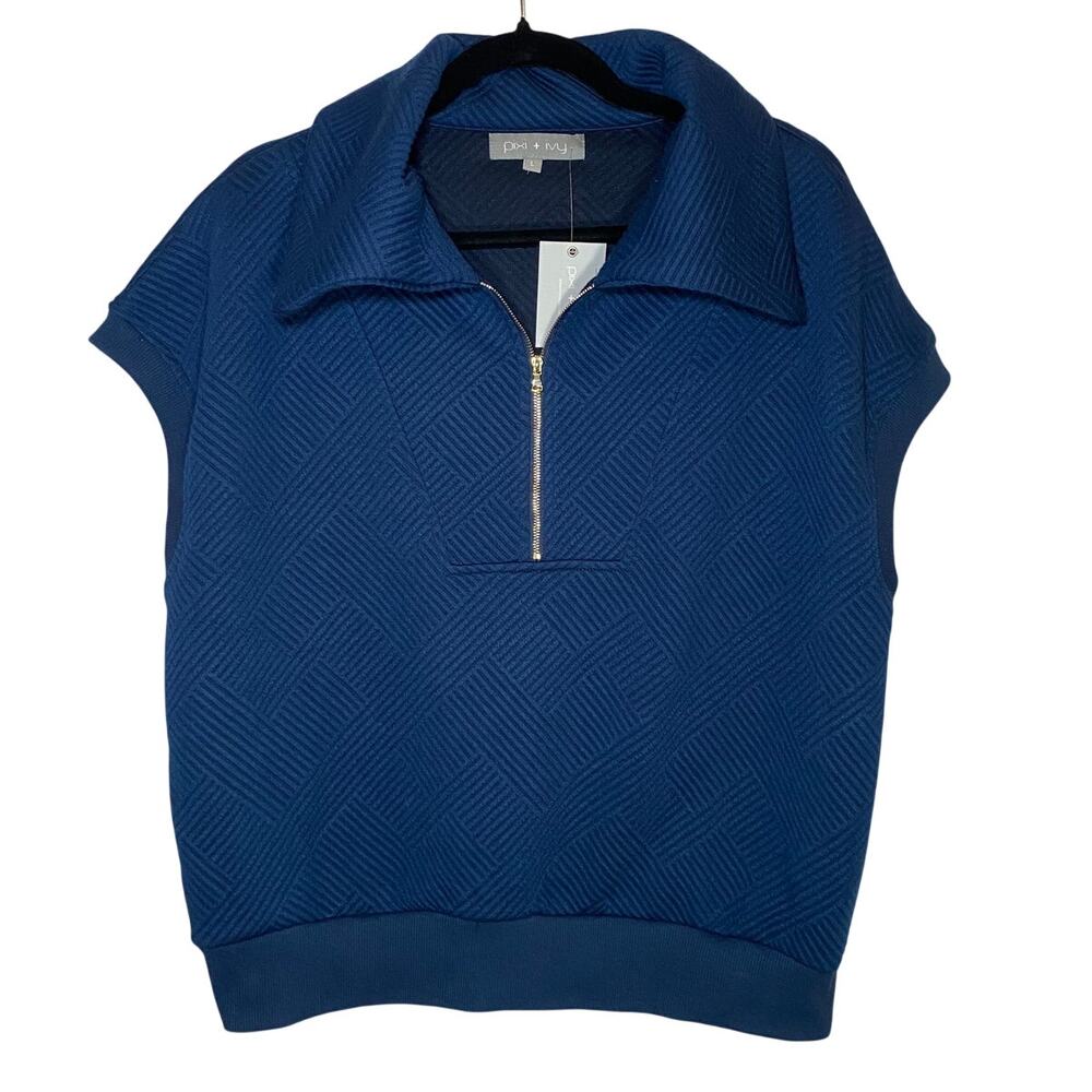 Pixi + Ivy Quilted Navy Blue Short Sleeve Quarter Zip Sweater Shirt